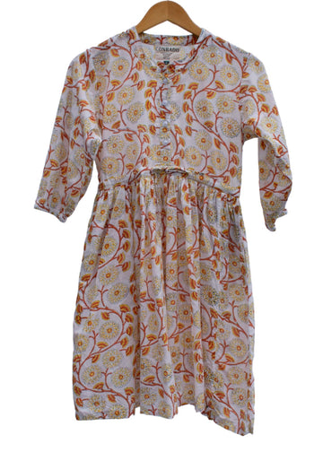 Women's Dress - Handblock Print Dress - Yellow Indigo Flower Dress