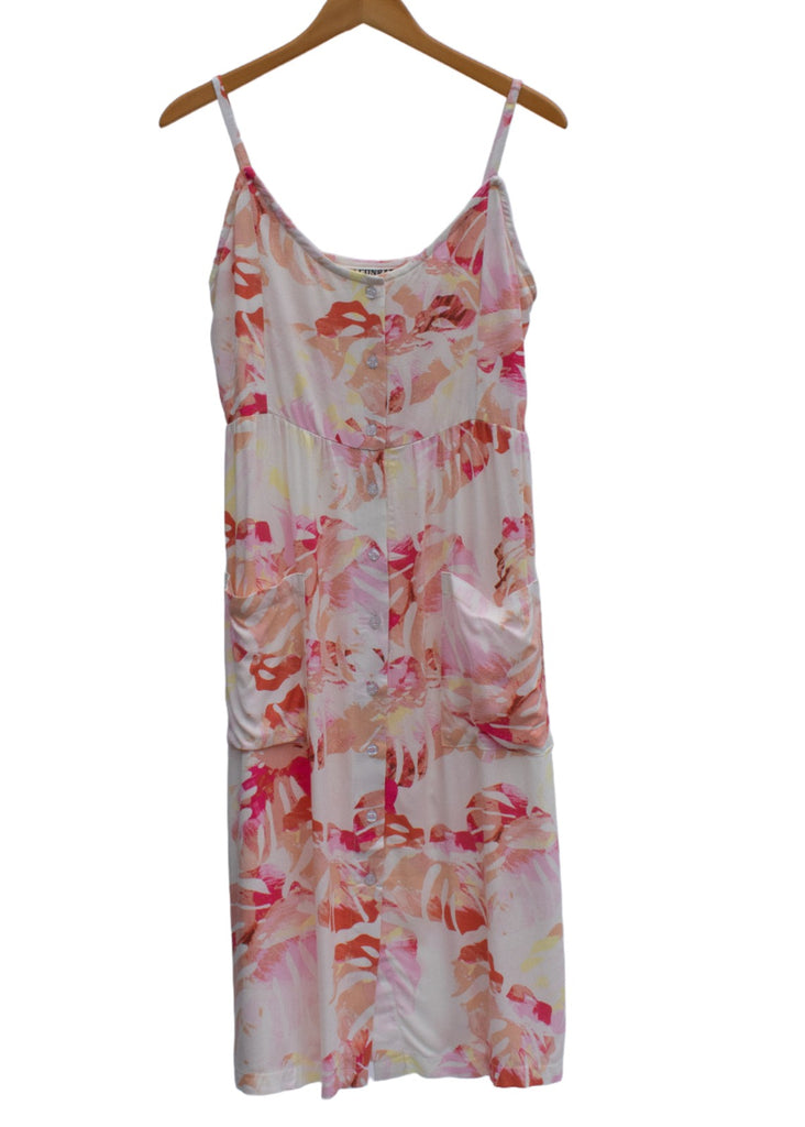 Women's Spagetti Strap Dress - Elysha Pink Floral Print Buttonfront Dress