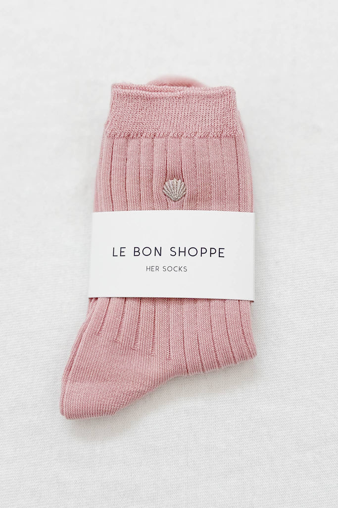Le Bon Shoppe Embroidered Her Socks Mercerized Combed Cotton Rib Pink Soda & Silver Seashell