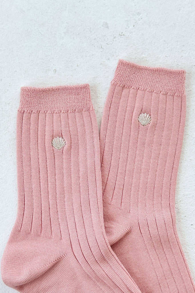 Le Bon Shoppe Embroidered Her Socks Mercerized Combed Cotton Rib Pink Soda & Silver Seashell