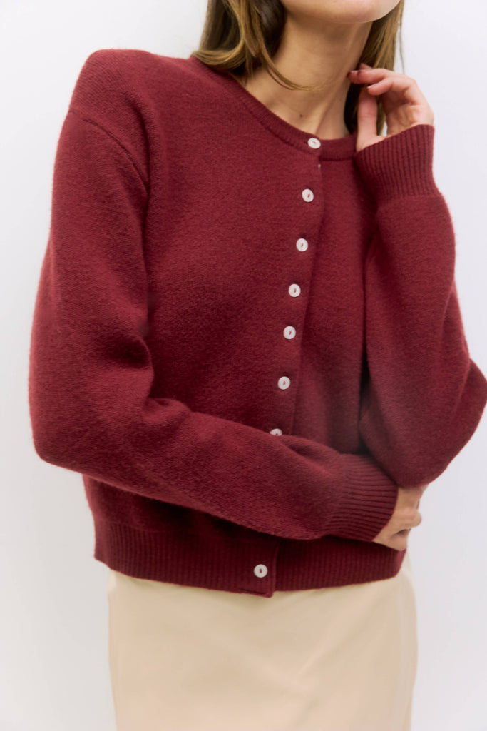 The Malin Red Maroon Burgundy Cropped Button-Down Cardigan