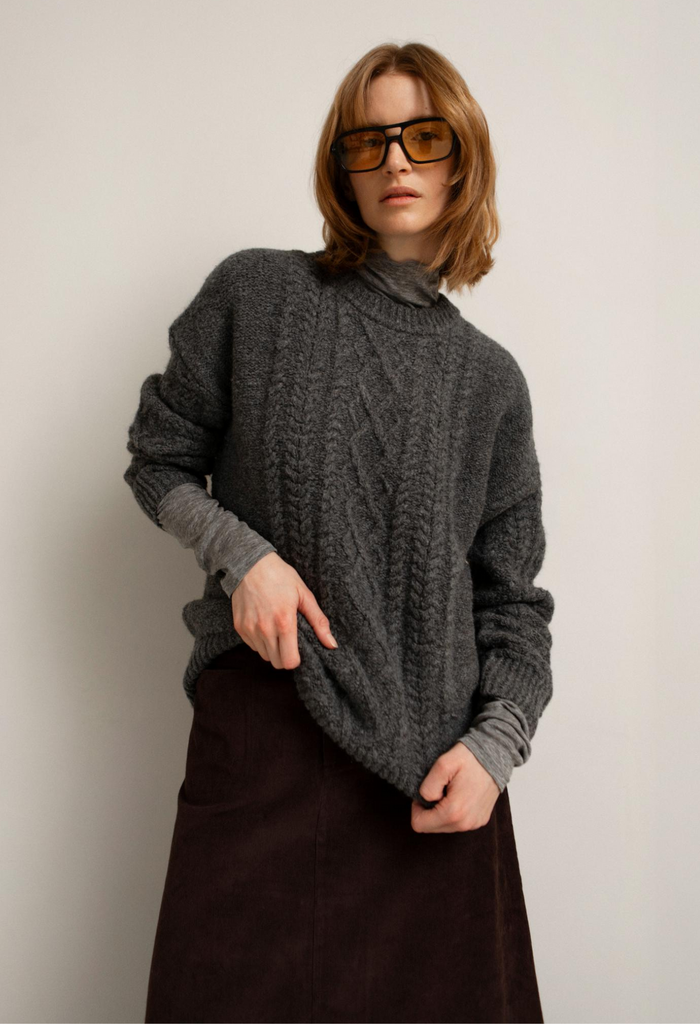 Paper Label Rayna Cable Sweater - Dark Stone Cable Sweater