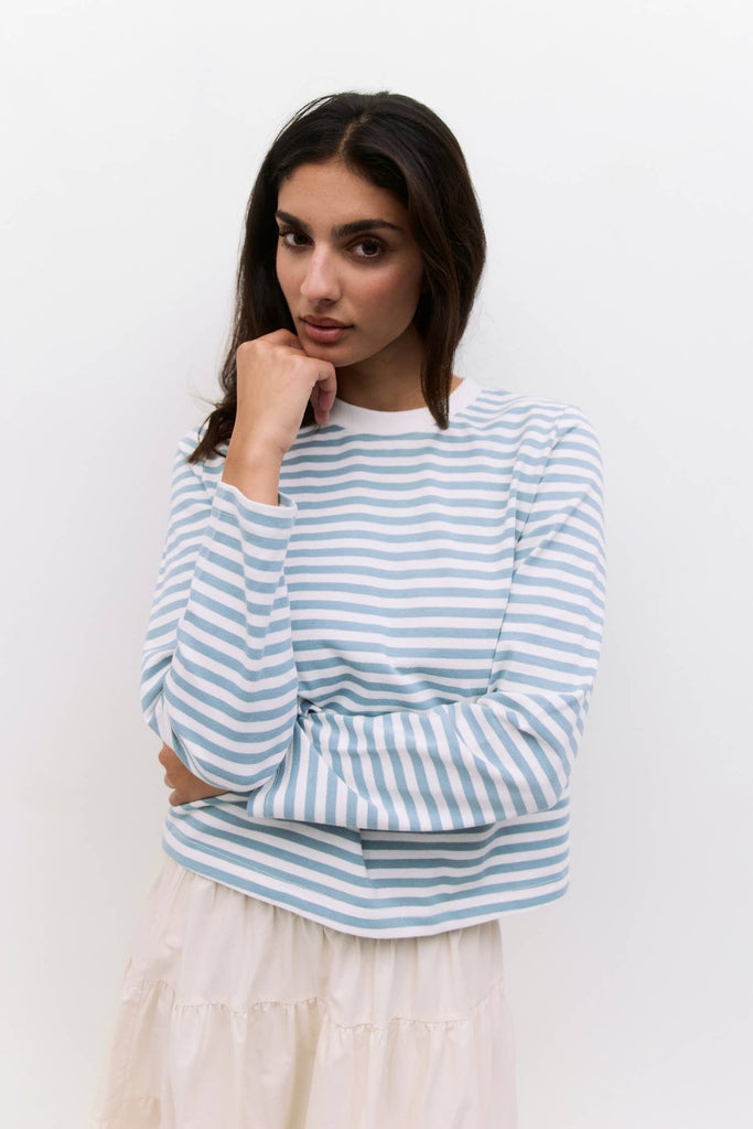 The Kathleen Top Striped Long Sleeve T-Shirt Light Blue and White