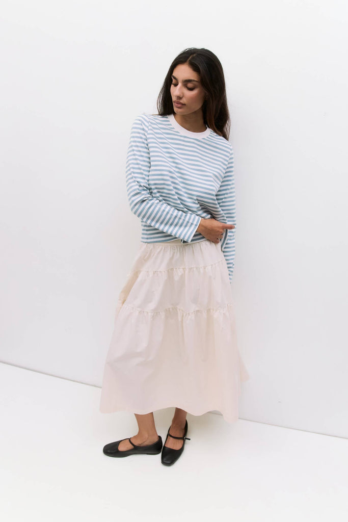 The Kathleen Top Striped Long Sleeve T-Shirt Light Blue and White