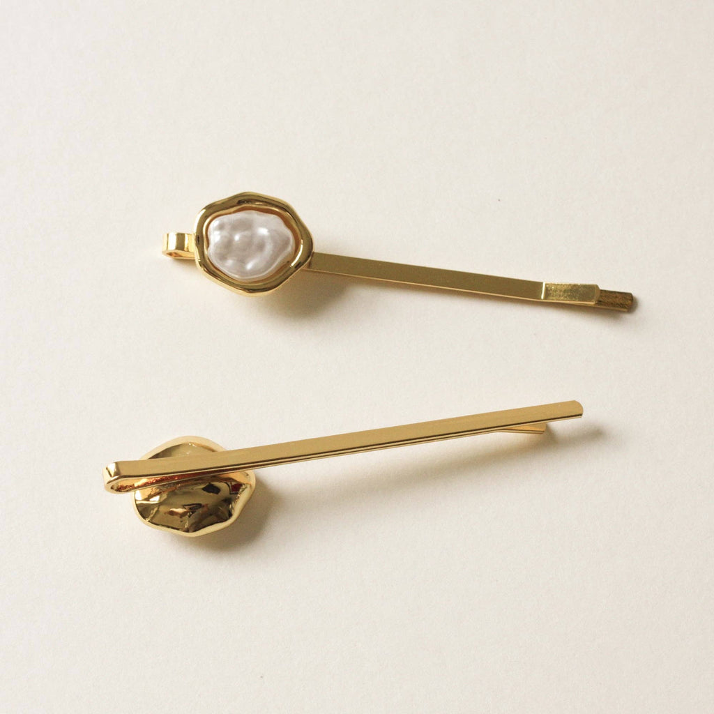 nar'sha - Freshwater Pearl Gold Metal Hair Bobby Pins