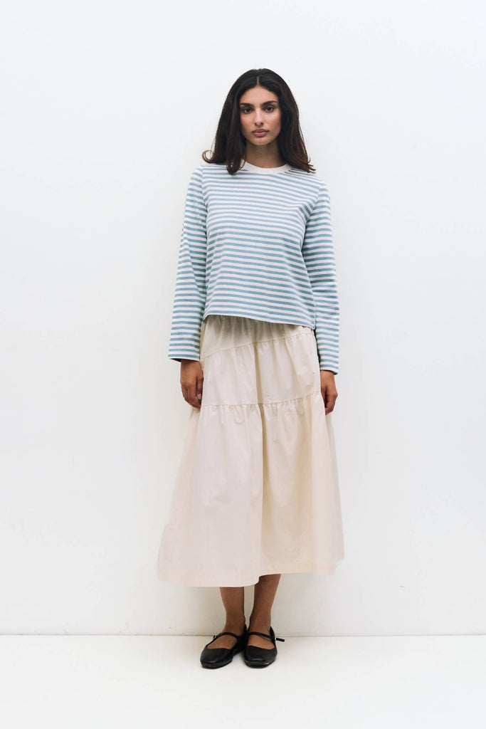 The Kathleen Top Striped Long Sleeve T-Shirt Light Blue and White