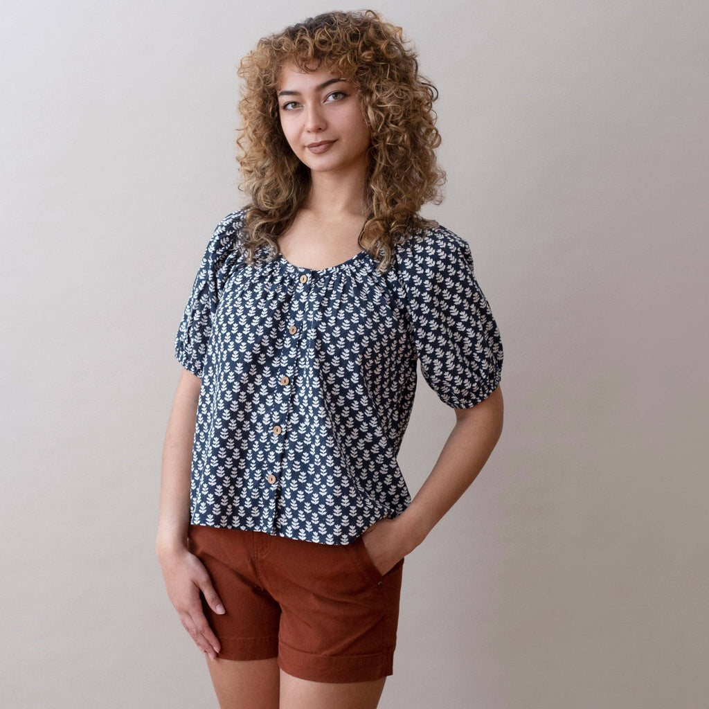 Greymarket Flora Top- Tula Navy - Block Print Cotton Short Sleeve Shirt
