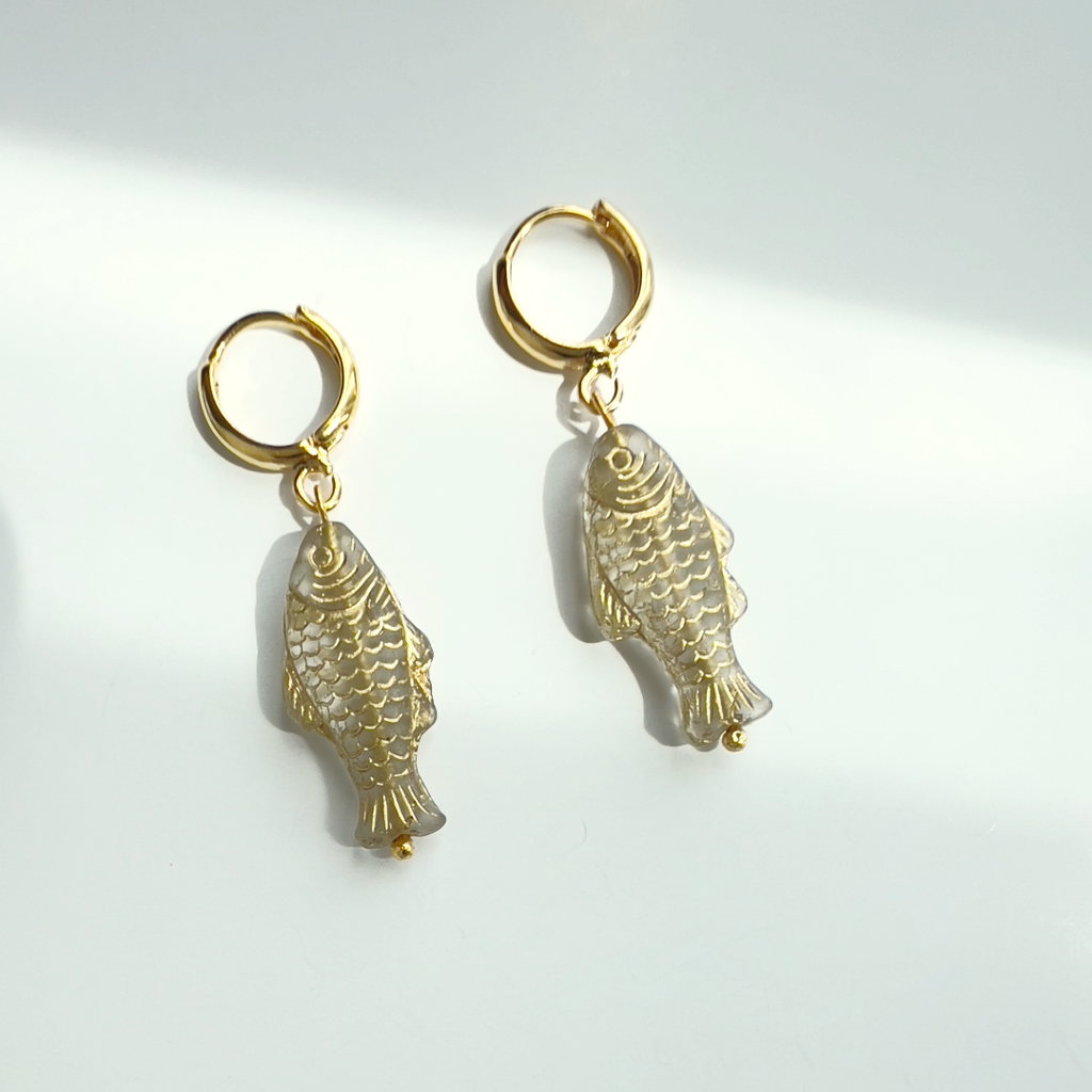 Yellow Dots Studio - Transparent and Gold Sardine Earrings | Glass Bead Earrings