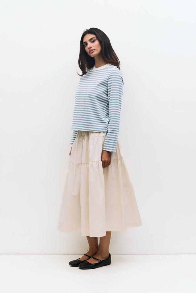 The Kathleen Top Striped Long Sleeve T-Shirt Light Blue and White