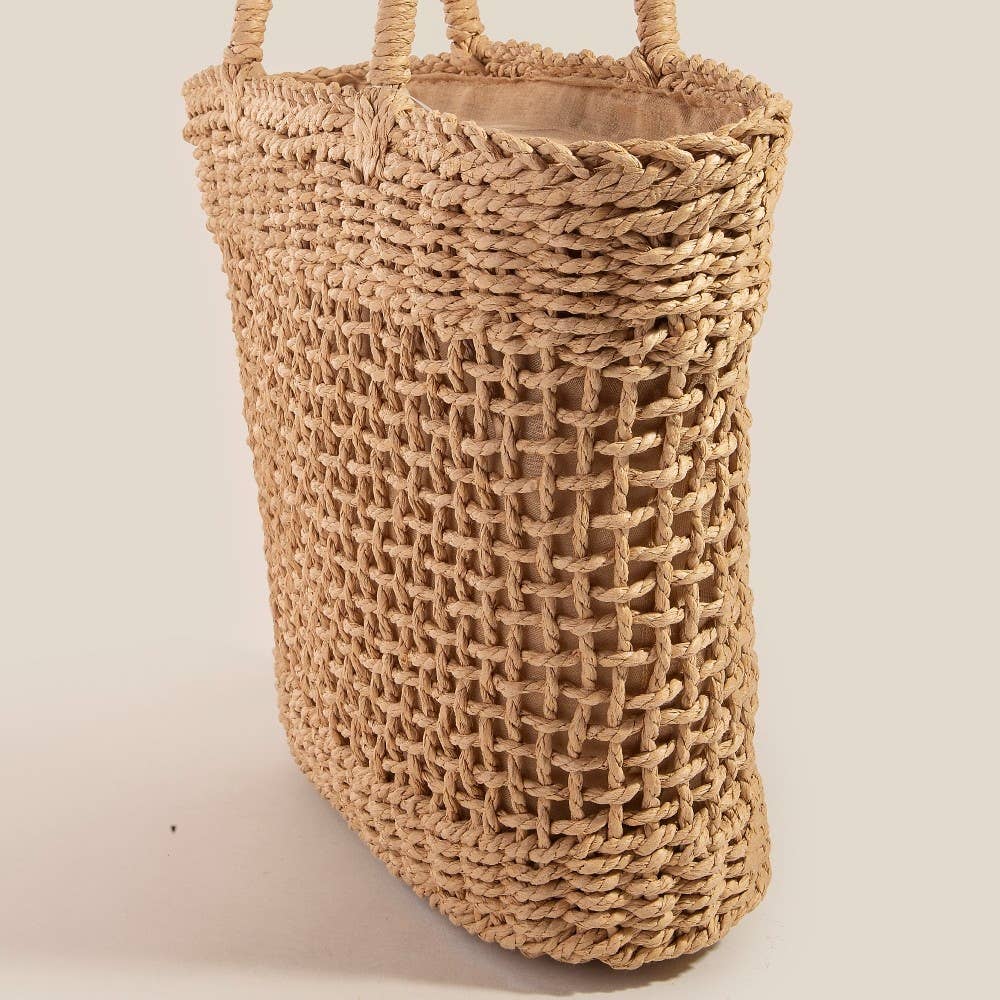 Braided Straw Handle And Mesh Tote Bag: Khaki