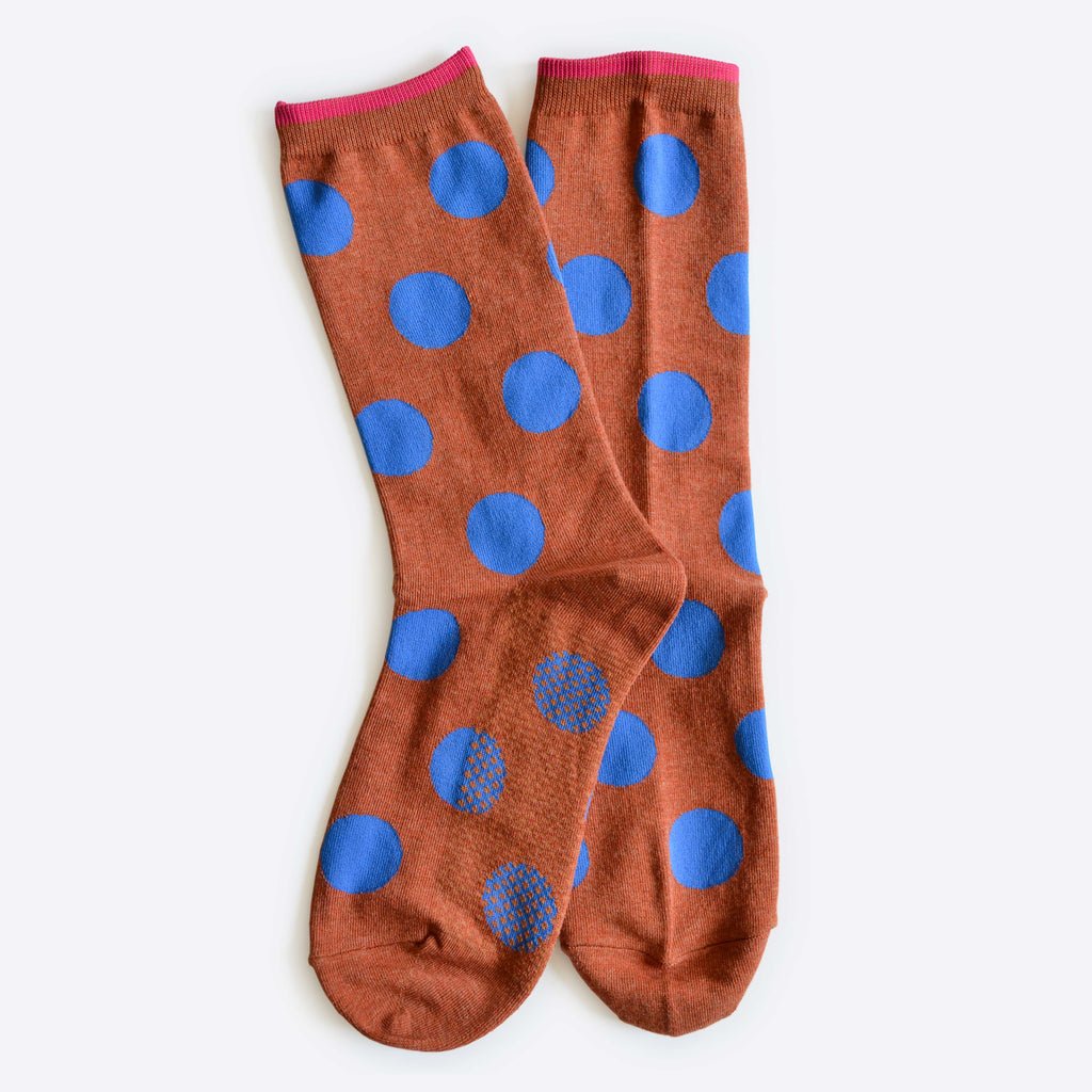 Hooray Sock Co. - Panhandle Polka Dot Crew Socks, Brown and Blue