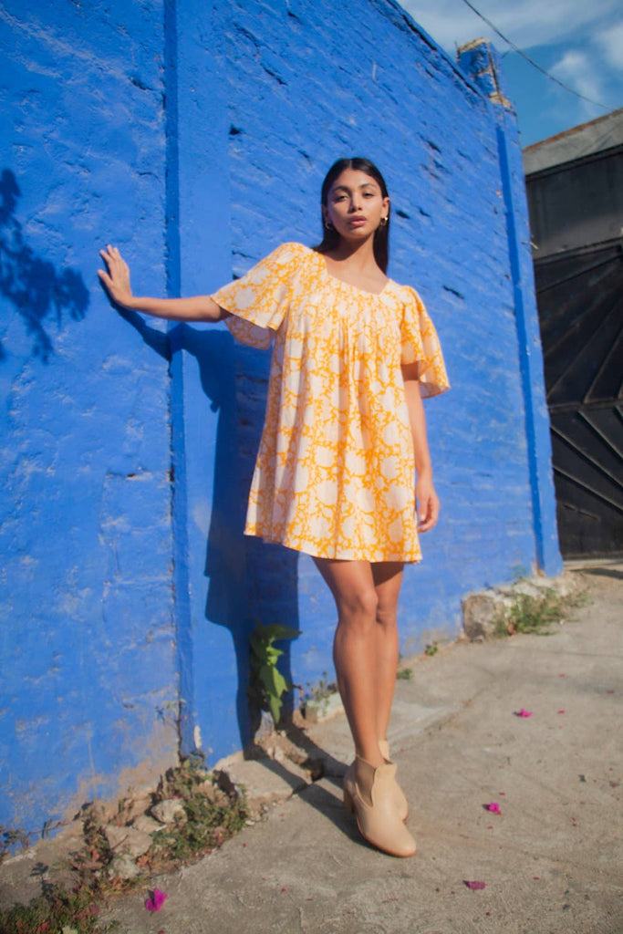 The Fox and The Mermaid - Block Printed Mini Sanvi Yellow Dress