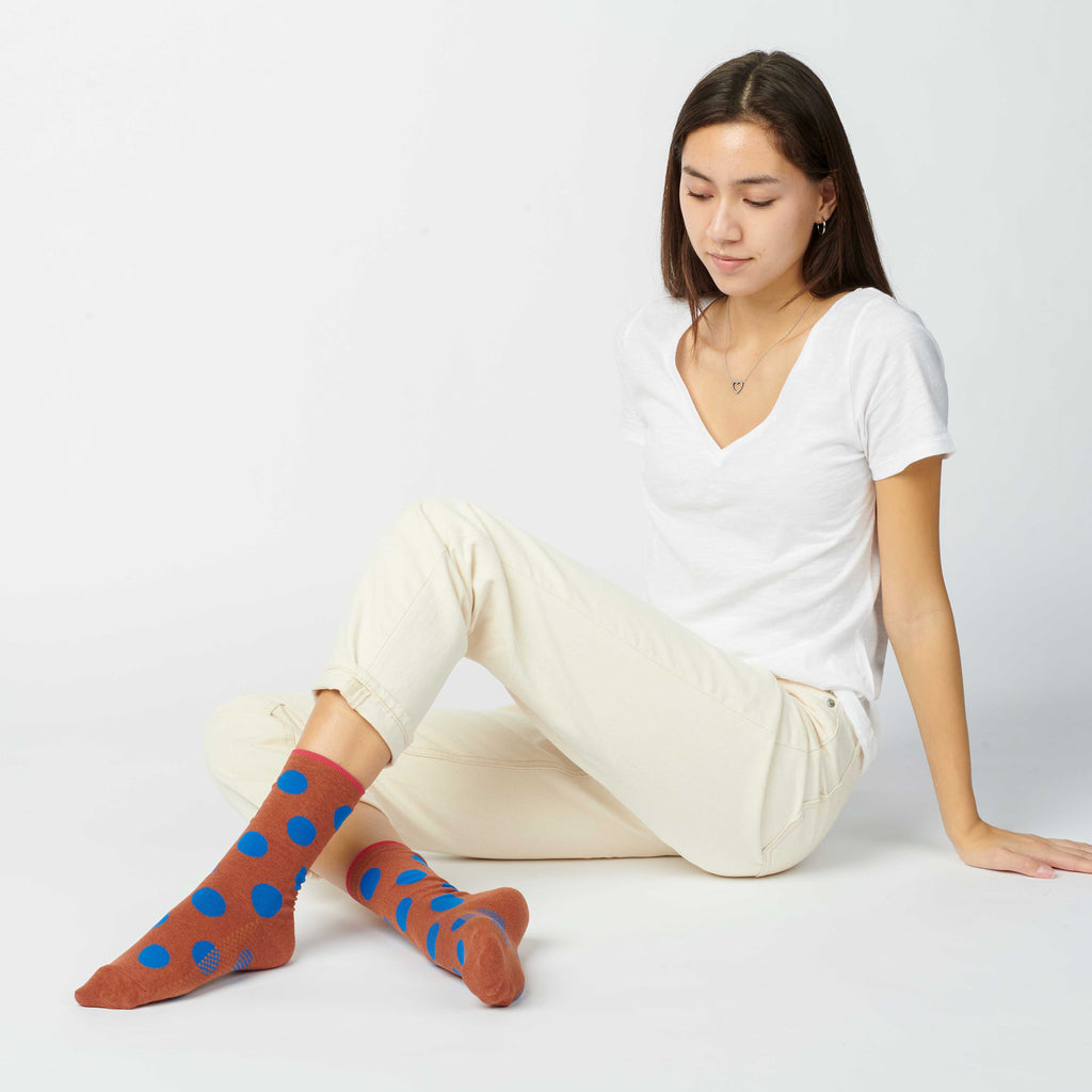 Hooray Sock Co. - Polka Dot Crew Socks, Brown and Blue