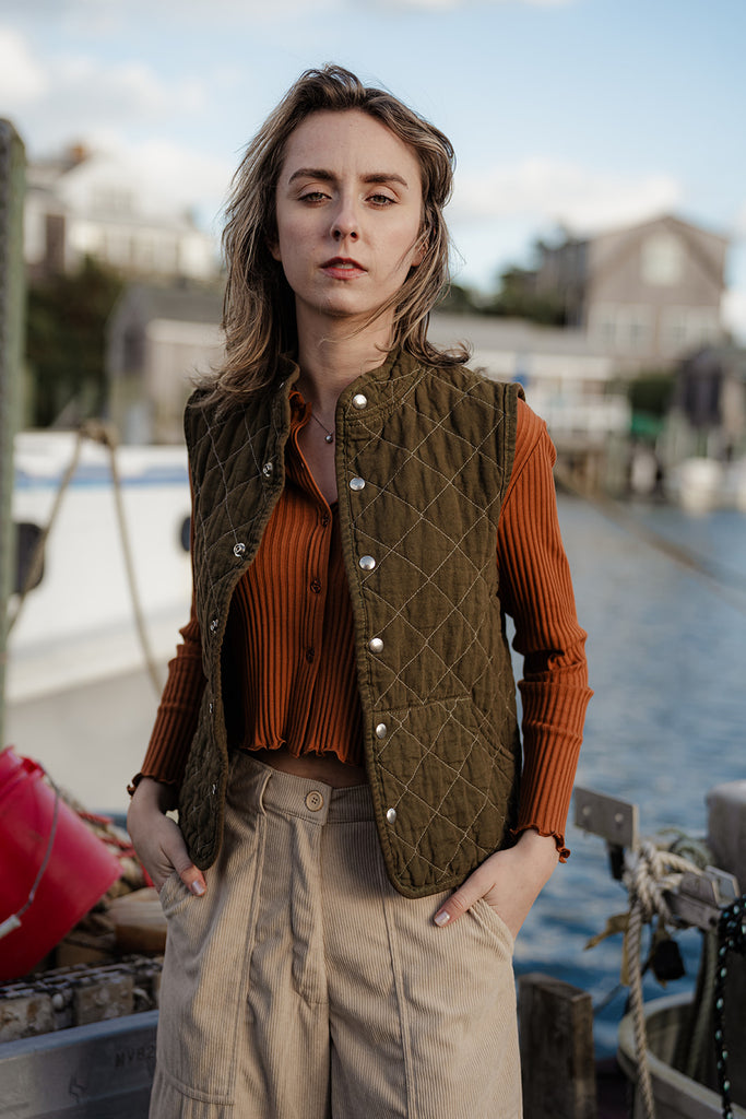 Olive Green Quilted Snap Vest