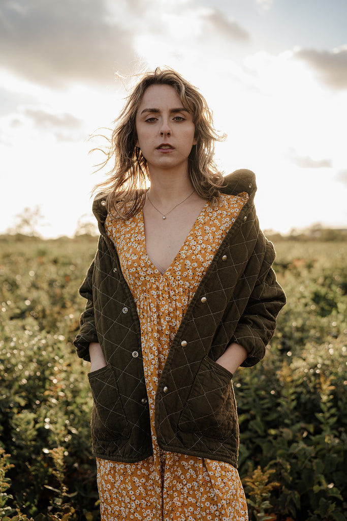 Olive Green Utility Canvas Quilted Snap Unisex Jacket 