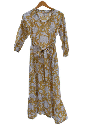 Women's Midi Dress - Handblock Print Dress - Yellow Print