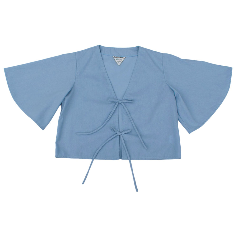Conrado Top - Evie Blue Flounce Sleeve Tied Linen Top