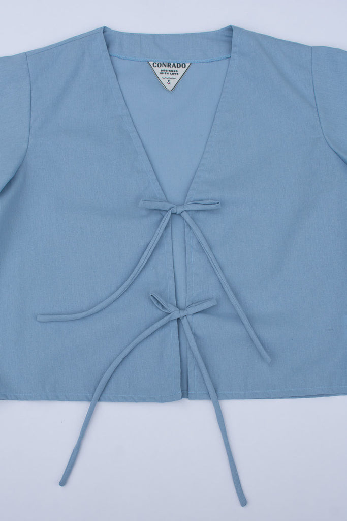 Conrado Top - Evie Blue Flounce Sleeve Tied Linen Top - Tie Detail