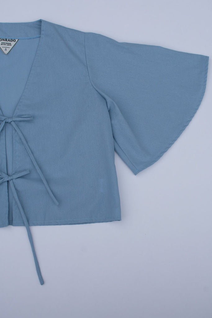 Conrado Top - Evie Blue Flounce Sleeve Tied Linen Top - Flounce Sleeve Detail