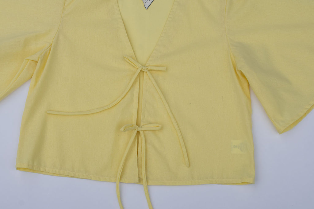 Conrado Top - Evie Yellow Flounce Sleeve Tied Linen Top - Tie Detail