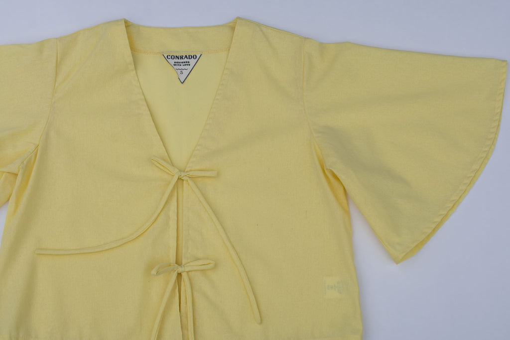 Conrado Top - Evie Yellow Flounce Sleeve Tied Linen Top - Flounce Sleeve Detail