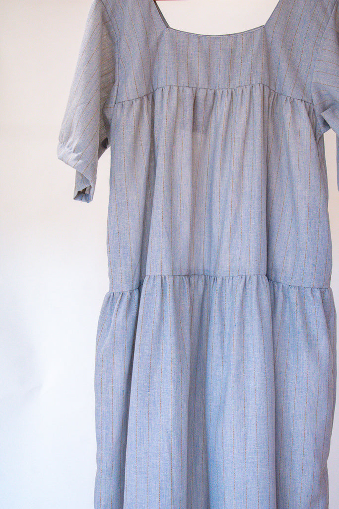 Ula Blue Grey Striped Midi Tiered Boho Dress