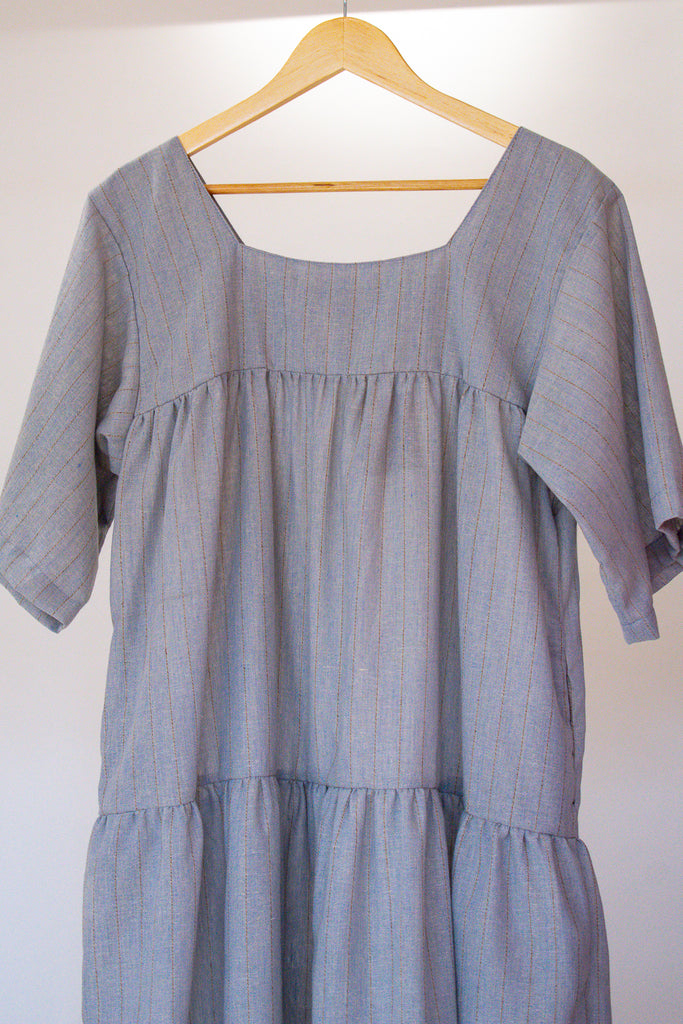Ula Blue Grey Striped Midi Tiered Boho Dress