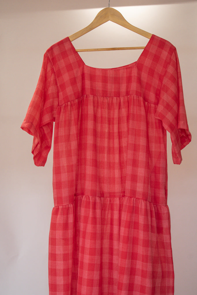 Ula Hot Pink Checkered Midi Tiered Boho Dress