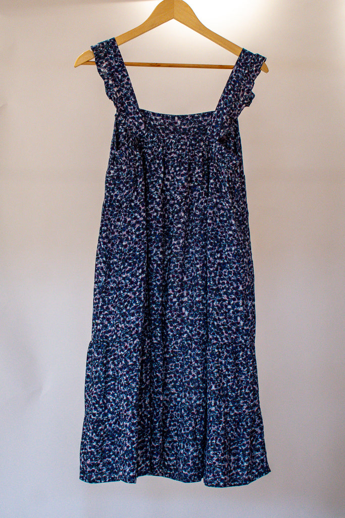 Posey Ruffled Sleeved Tiered Mini Navy Print Boho Dress