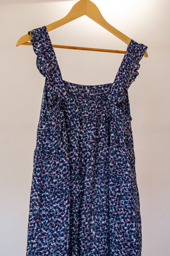 Posey Ruffled Sleeved Tiered Mini Navy Print Boho Dress