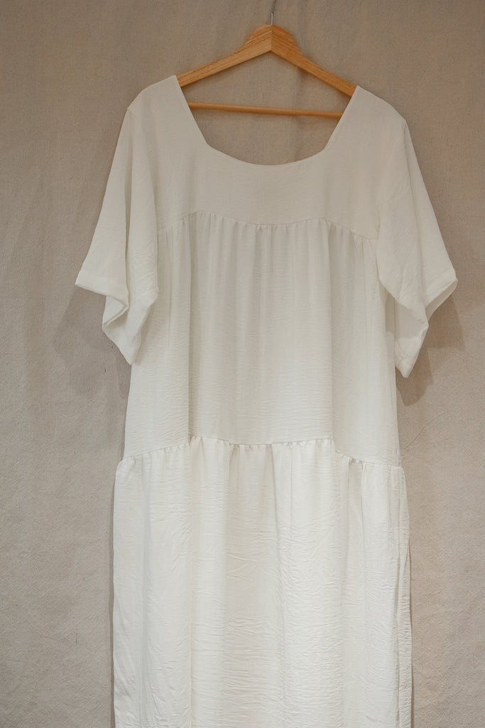 Ula White Woven Stripe Midi Tiered Boho Dress