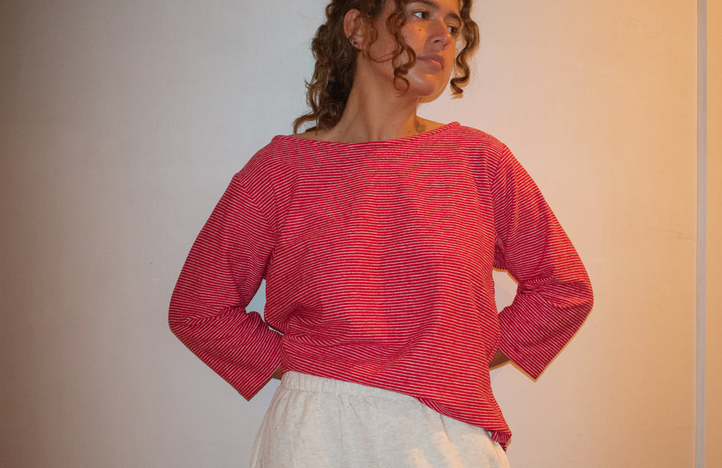 Gale Striped Boatneck Sweatshirt- Red and White Stripe Cotton Long sleeve Top