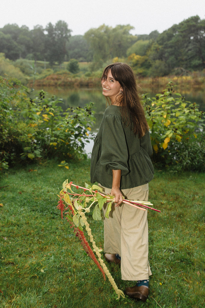 Sustainable Fashion Conrado Dari Green Checkered Puff Sleeve Top