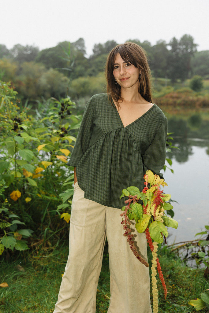 Dari Green Checkered Puff Sleeve Top