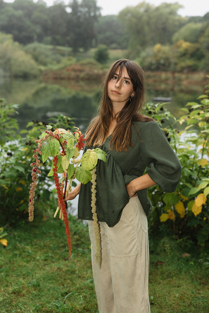 Dari Green Checkered Puff Sleeve Top