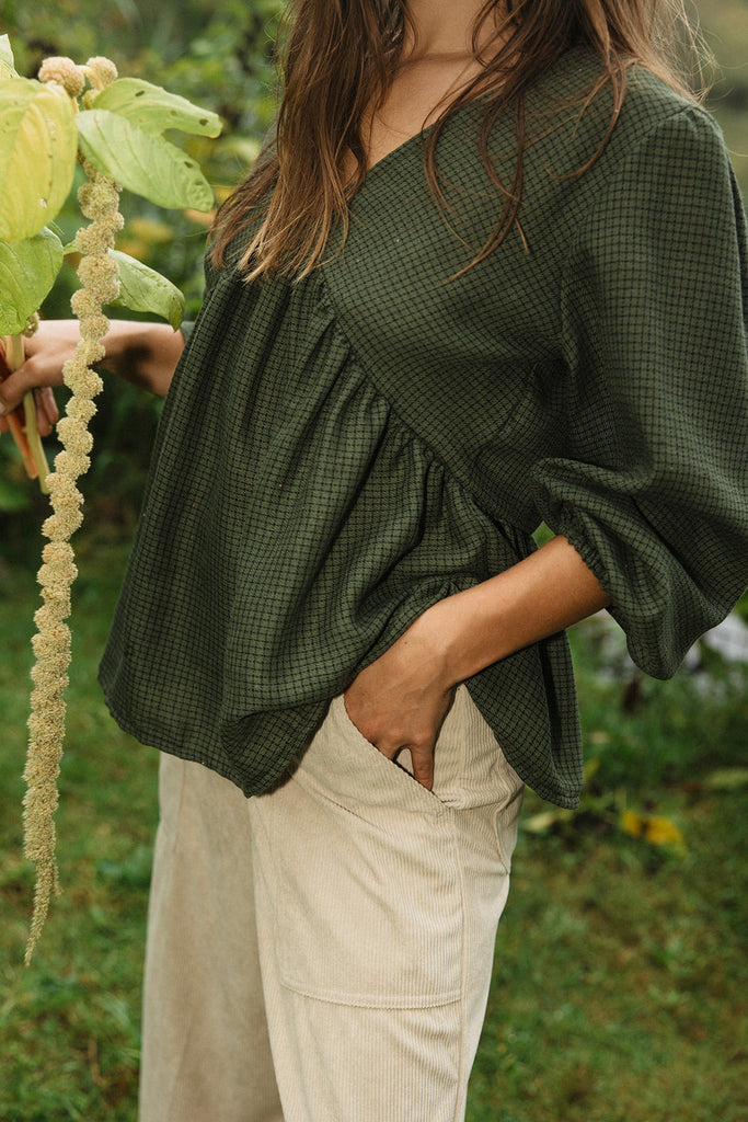Dari Green Checkered Puff Sleeve Top - Green Sustainable Cotton Top