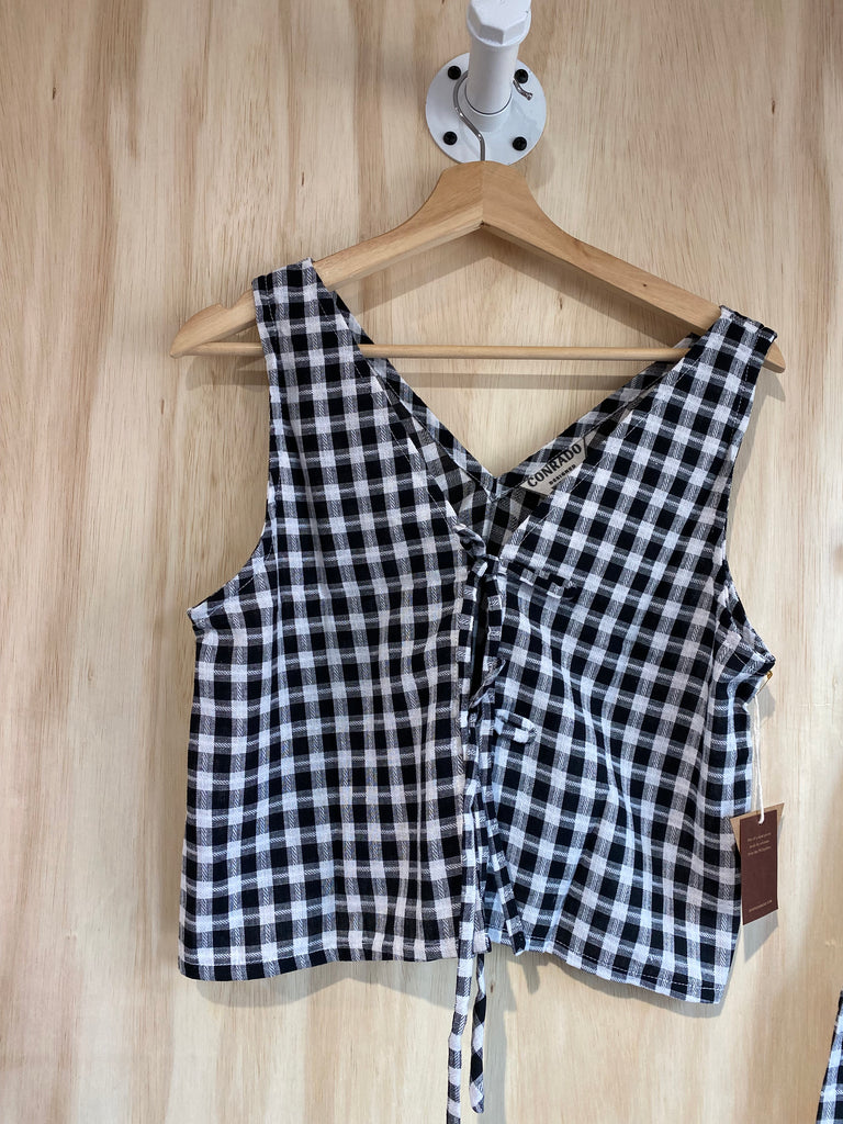 Conrado Rosalie Tied Tank Top - Black Check Cotton Tank with Tie Front