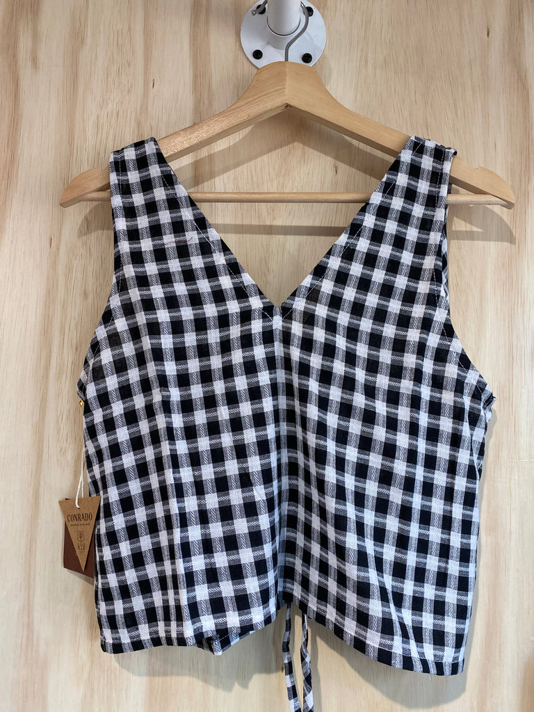 Conrado Rosalie Tied Tank Top - Black Check Cotton Tank with Tie Front - Back Detail