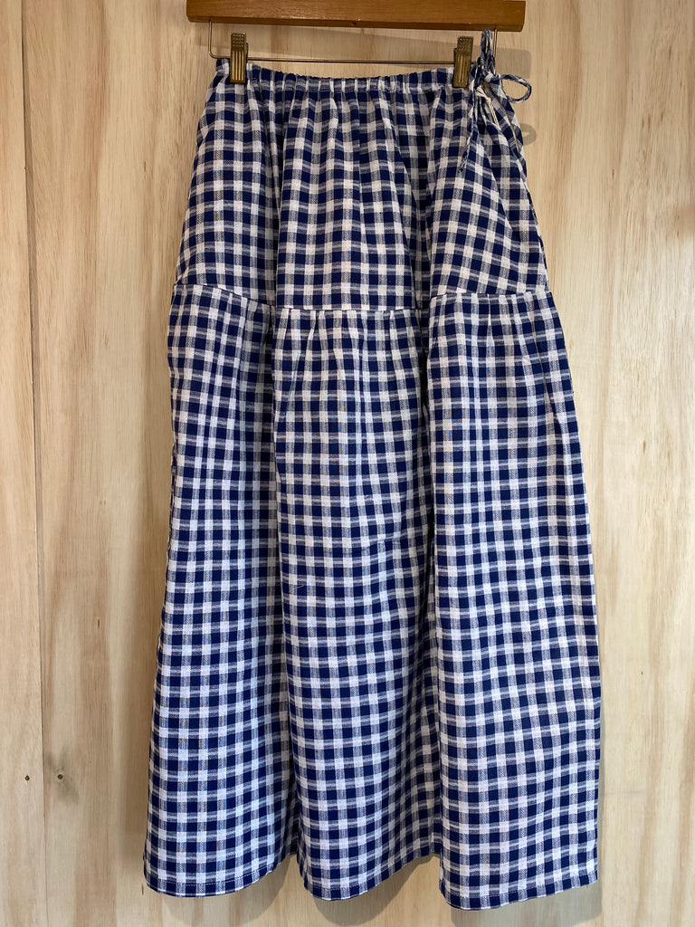 Blue and White Checkered Cotton Skirt - Drawstring Cotton Skirt