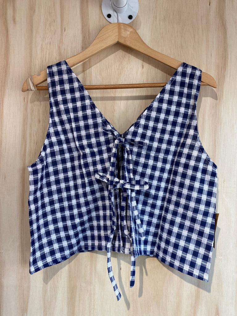 Conrado Rosalie Tied Tank Top - Blue Check Cotton Tank with Tie Front