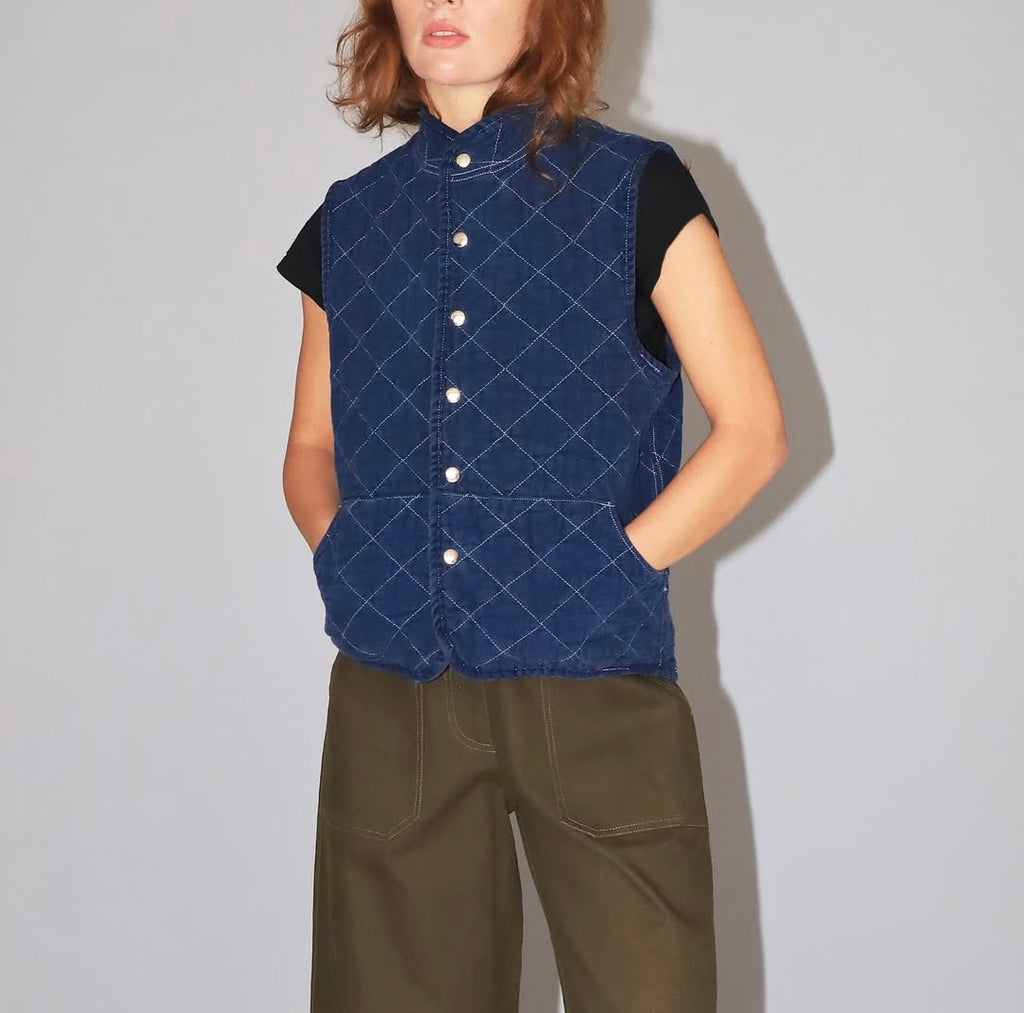 Utility Canvas Quilted Snap Vest - Navy