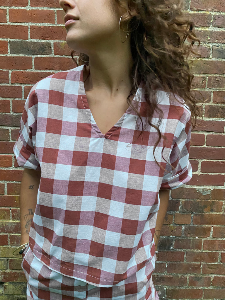 Cotton Checkered Bailey Boxy Top - Brown and White Checkered Boxy Top
