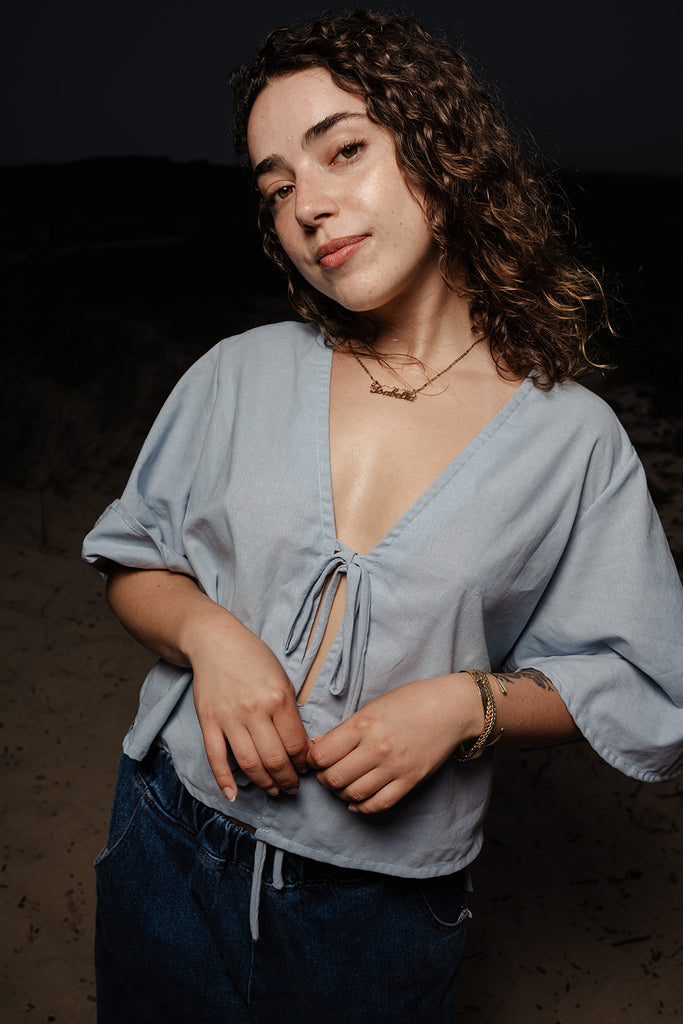 Conrado Top - Evie Flounce Sleeve Tied Top - Linen Top