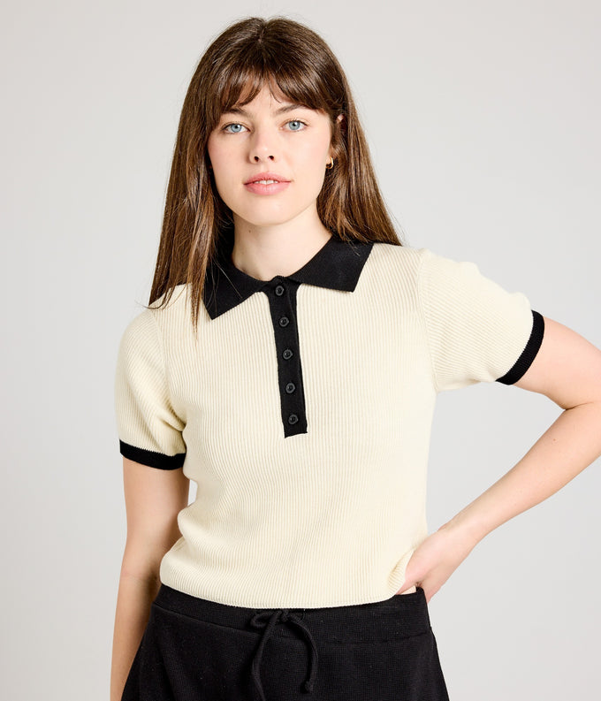 Paper Label Zuri Knit Polo Stone White