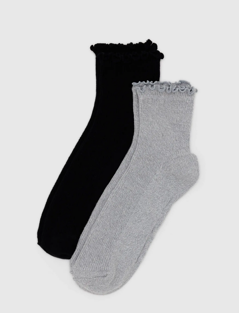 Baggu Lettuce Edge Sock Set of 2 Heather Grey & Black
