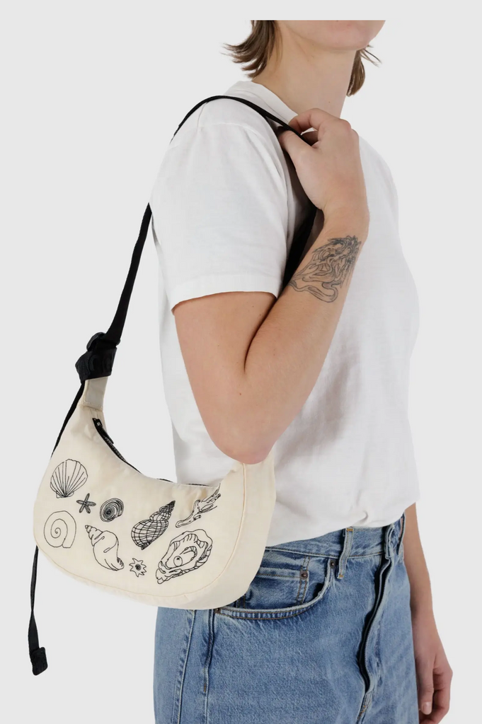 Baggu Small Nylon Crescent Bag Embroidered Shells