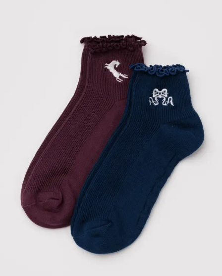 Baggu Lettuce Edge Sock - Mahogany & Navy Icons - 2 Pack of Socks
