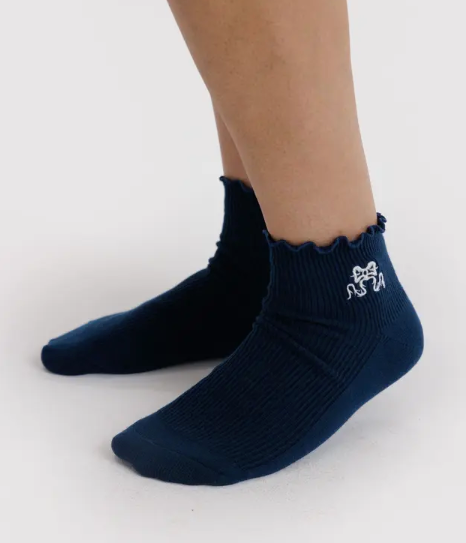 Baggu Lettuce Edge Sock - Mahogany & Navy Icons
