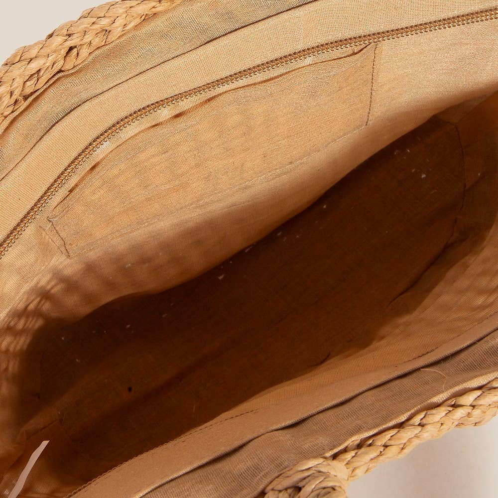 Braided Straw Handle And Mesh Tote Bag: Khaki