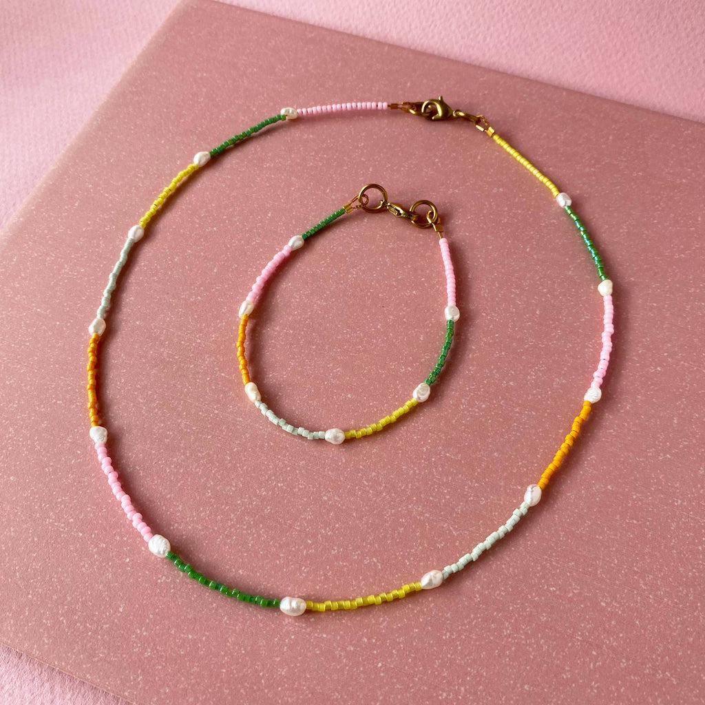 Loela - Node Choker - Mustard and Pink Beads and Freshwater Pearls